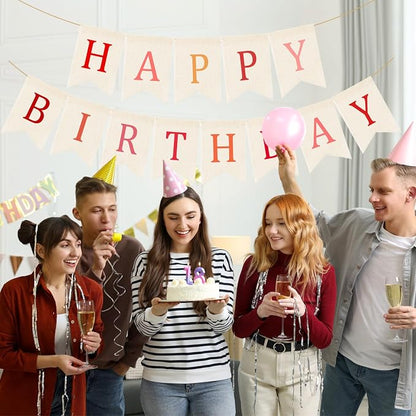 Doumeny Happy Birthday Burlap Banner Boho Birthday Garland Banner Red Bohemian - Image 4
