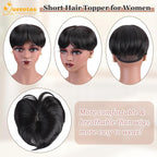 QUEENTAS Black Short Hair Toppers for Women with Thinning Hair 360°3D Cover with 5 Clips Hair Pieces Wispy Bangs 6"*6" Large Coverage Men's Toupee(Black/1B)