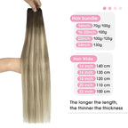 YoungSee Weft Hair Extensions Human Hair Brown Ombre Human Hair Sew in Extensions Walnut Roots to Light Brown with Blonde Balayage Weft Hair Extensions for Full Head 16Inch 100G