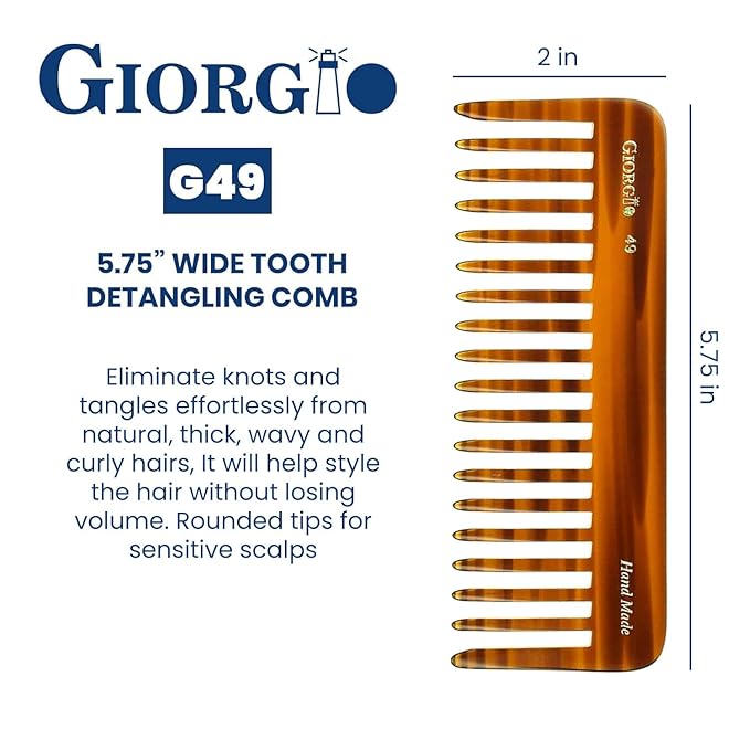 Giorgio G49 Large 5.75 Inch Hair Detangling Comb, Wide Teeth for Thick Curly Wavy Hair. Long Hairs Detangler Comb For Wet and Dry. Handmade of Cellulose, Saw-Cut, Hand Polished, Tortoise Shell 3 Pack