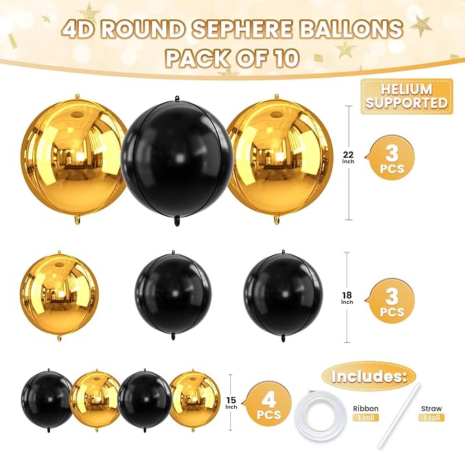 Gold and Black Round Foil Balloons, Metallic Gold Black Foil Baloon - Image 2