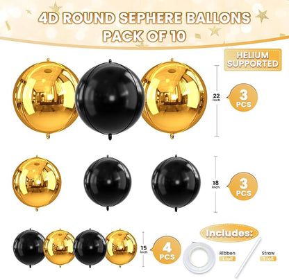 Gold and Black Round Foil Balloons, Metallic Gold Black Foil Baloon - Image 2