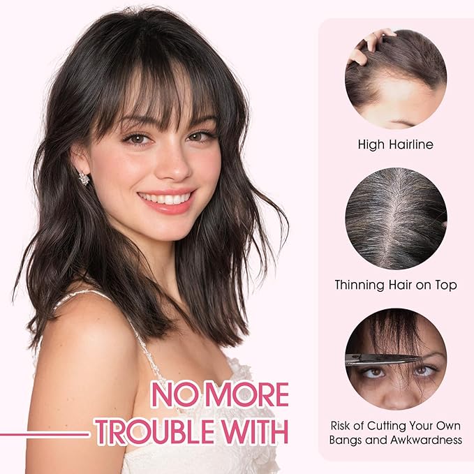 Hairro Human Hair Toppers with Wispy Bangs, 3D 360° Seamless Real Hair Toppers, Hand-Tied with 3.5"x4.7" T-shaped Base, Clip-In Hairpieces to Add Volume on Top, 11 Inch Medium Brown
