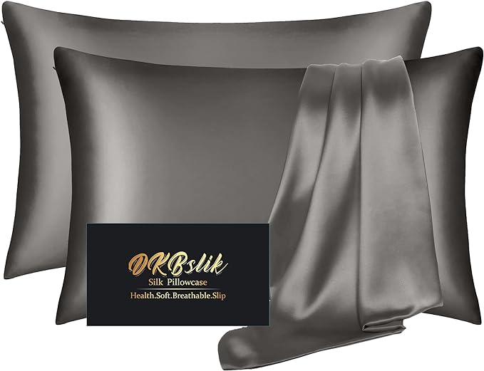 Silk Pillowcase 2 Pack, Mulberry Silk Pillow Cases Queen Size Set of 2, Anti Acne Silk Pillowcase for Hair and Skin, Natural Silk Satin Pillowcases Gifts for Women Men 2 Pack with Zipper, Dark Gray
