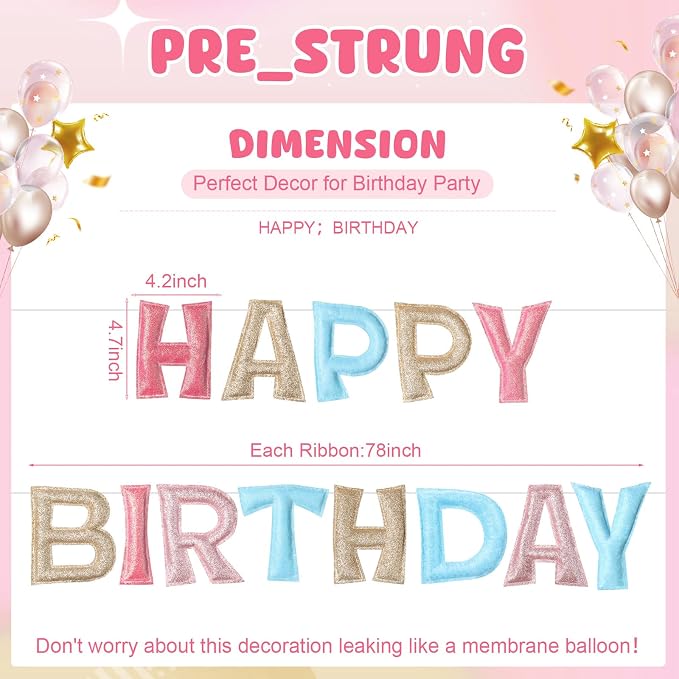 Tegeme Felt Happy Birthday Banner, Pre-strung Glitter Pastel Happy Birthday - Image 2