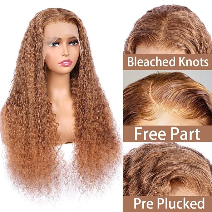 Brown Deep Curly Wave Human Hair Lace Front Wigs with Baby Hair for Black Women Pre Plucked 180% Density Brazilian Virgin Hair HD Transparent Lace Frontal Wig 28 Inch