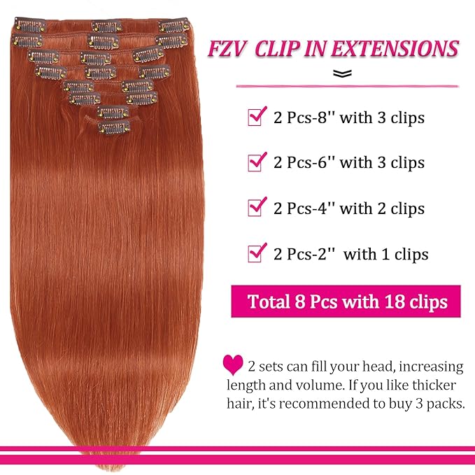 Straight Clip in Hair Extensions Human Hair Clip Ins Extensions 8Pcs 125g Double Weft Copper Hair Extensions Clip in Human Hair Full Head Invisible Extensions（#350 24Inch）