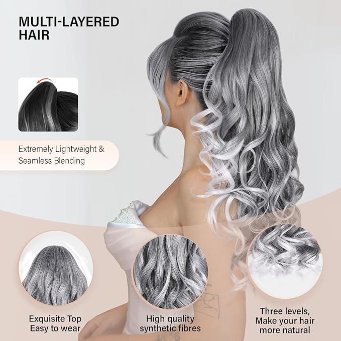 24 Inch Ponytail Extension, Layered Ponytail Extensions for Women, Soft Wavy Claw Clip in Ponytail Extension, Natural Synthetic Hair Pieces for Women (Color: Salt and Pepper)