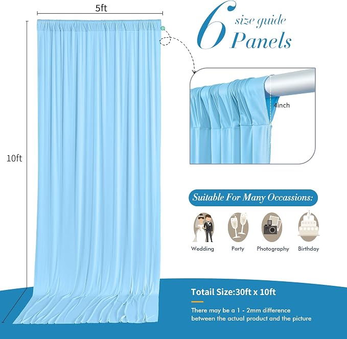 30 ft x 10 ft Wrinkle Free Baby Blue Backdrop Curtains - Image 5