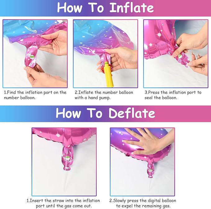 Gradient Blue Pink Number Balloons, Colorful Starry Self Inflating Number - Image 3