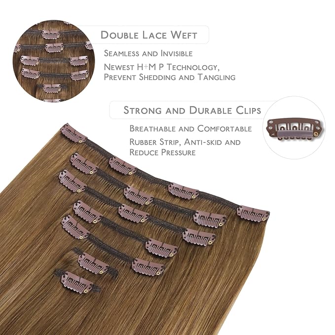 WENNALIFE Clip in Hair Extensions Real Human Hair, 22 Inch 120g 7pcs Human Hair Extensions Clip In Human Hair, Balayage Chestnut Brown Mixed Dirty Blonde Hair Extensions Clip In Real Hair Coloured