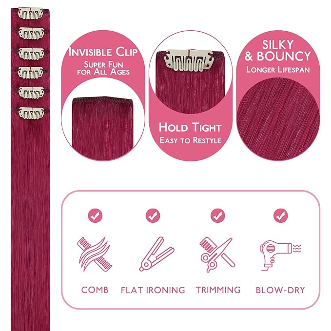 WENNALIFE Burgundy Red Clip in Hair Extensions Real Human Hair 35g 6pcs 20 Inch Colored Hair Extensions for Kids Women Colorful Hair Pieces Pop-up Style Straight Extensiones De Cabello Humano Con Clip