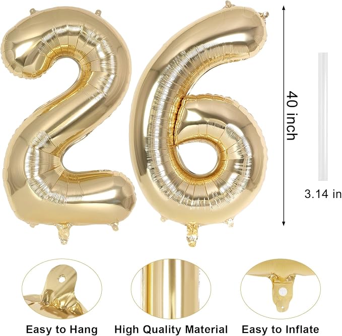 Champagne Gold Large Number 26 Balloon, 40 Inch Light Gold Foil Helium Number - Image 2