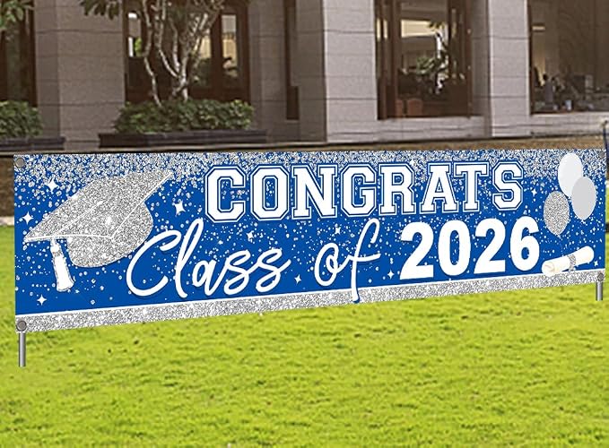 Large Congrats Grad Banner Light Blue Class of 2026 Banner | Backdrop 2026 Yard by mokejaparty