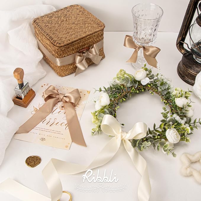 Ribbli Champagne Satin Ribbon 1 Inch x 4 Rolls Total 40 Yards-Ivory Champagne - Image 3