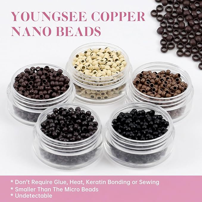 YoungSee Nano Hair Extensions Human Hair Ombre Nano Ring Hair Extensions Light Brown with Platinum Blonde Nano-Bead Hair Extension Human Hair Balayage Brown 14inch 50g 50s for Wedding