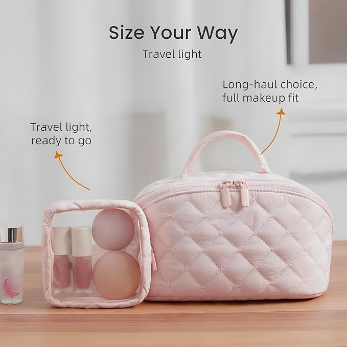 Amposei Makeup Bag Travel Toiletry Bag,Travel Makeup Bag for Women, Puffer Waterproof Cosmetic Organizer, Large Capacity Pouch Open Flat Small Toiletry Bag with Brush Compartment & Handle (White)
