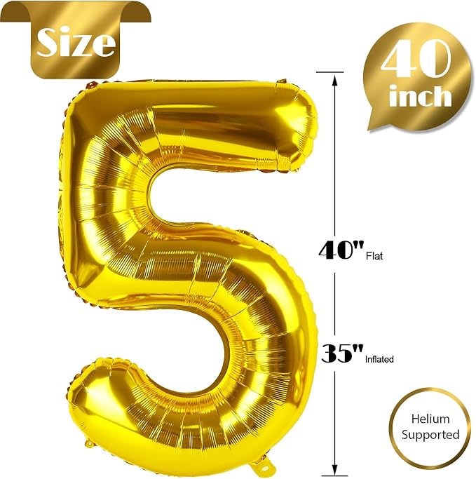 Gold 5 Balloon - Number Balloon 40 Inch, 5th Gold Birthday Decorations | Giant - Image 5