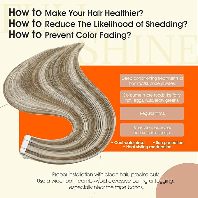Full Shine Tape in Hair Extensions Glue on Remy Human Hair Extensions 16 Inch Seamless Tape in Extensions Color 8 Ash Brown Highlighted 60 White Blonde Fashion Invisible Real Human Hair 50Grams 20Pcs