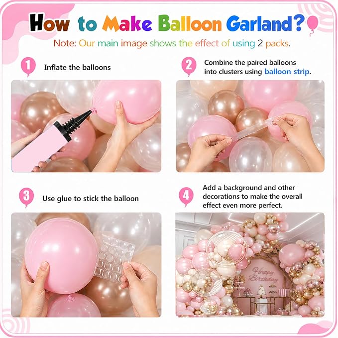 Dusty Pink Balloon Garland Arch Kit, Double Stuffed Pearl Pink White Gold - Image 2