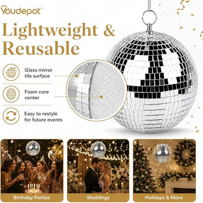Youdepot 8-Inch Silver Disco Ball 2-Pack Mirror Ball | Hanging Mirror Ball - Image 9