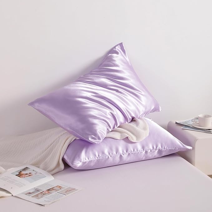 NTBAY 2 Pack Satin Standard Pillowcases for Hair and Skin, Luxurious and Silky Pillow Cases with Envelope Closure, 20x26 Inches, Light Purple