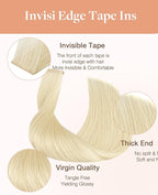 GOO GOO Invisi Edge Tape in Hair Extensions Human Hair, 613R Bleach Blonde, 20pcs 14inch 50g, Virgin Remy Hair, Seamless Injected Tape, Natural Look