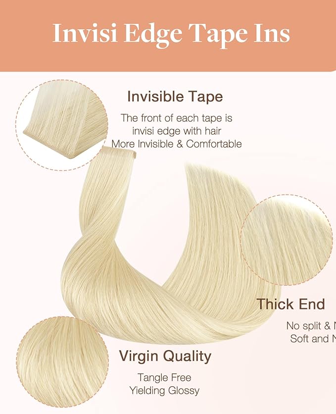 GOO GOO Invisi Edge Tape in Hair Extensions Human Hair, 613R Bleach Blonde, 20pcs 14inch 50g, Virgin Remy Hair, Seamless Injected Tape, Natural Look