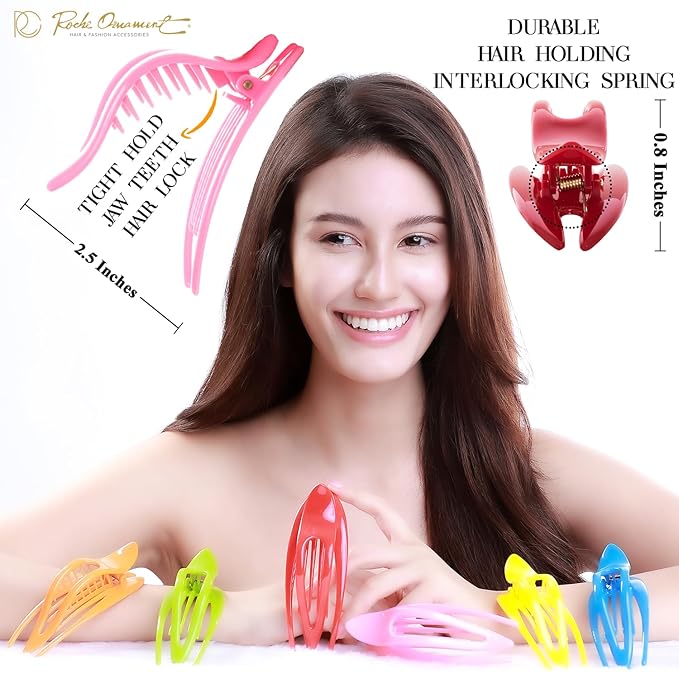 RC ROCHE 6 Pcs Flat Hair Clips Big Claw for Thick Hair French Duckbill Women No Slip Side Slide Curved Alligator Concord Strong Grip Hold Volume Lay Down Clamp, Small Rainbow Multicolor