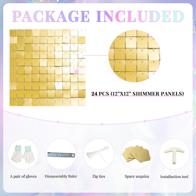 Shimmer Wall Backdrop Light Gold Wall Panels 24Pcs Square Sequin Shimmer Wall - Image 4