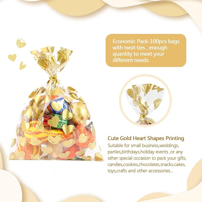 COQOFA 50 Pcs 9X12 IN Gold Heart Cello Cellophane Treat Bags - Image 3