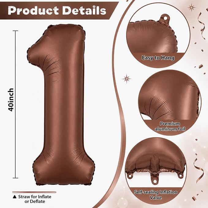 Dark Brown 1 Balloons, 40 Inch Chocolate Brown Helium Foil Number 1 Balloon - Image 2