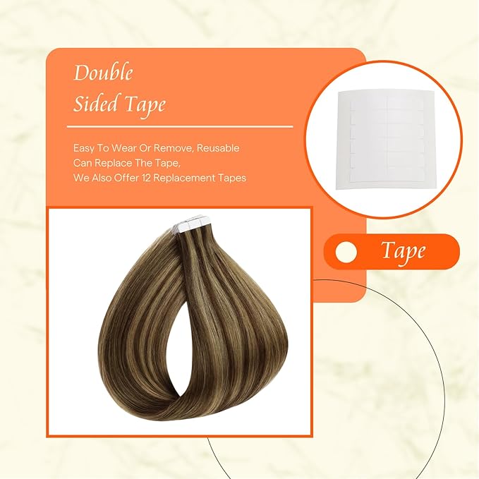 Full Shine Tape in Hair Extensions Color 4 Brown with 27 Blonde Highlights Remy Tape Ins Hair Human Hair Extensions Seamless Extensions 12 Inch Short Hair 20Pcs 30Grams Add Volume