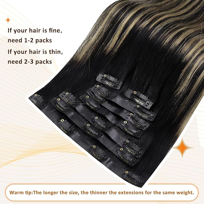 Full Shine Seamless Human Hair Clip in Extensions Black Hair Extensions Clip in Ombre Natural Black to Medium Brown and Blonde for Short Hair 12 Inch 80 G 8 PCS