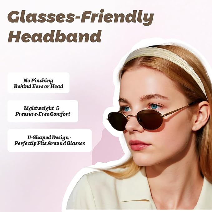 Acetate Hairbands for Women - Non-Slip Thin Headbands with Teeth, Eyewear-Friendly Design, 90s Retro Hair Accessories, No Pressure & No Headache Sunglasses Headband (Beige)