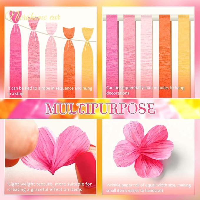 NICROHOME EUR Retro Orange Pink Summer Party Crepe Paper Streamers 5 Rolls | - Image 6