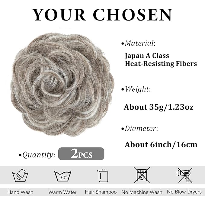 SARLA 2PCS Messy Hair Bun Hair Pieces Wavy Curly Synthetic Updo Fake Scrunchies Ponytail Extension for Women Polar Silver
