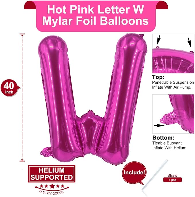 Lovoir 40 Inch Large Hot Pink Letter W Balloons Big Size Jumbo Mylar Foil - Image 2