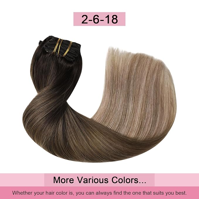 Pro2.0 Remy Clip in Extensions Real Human Hair Color #2/6/18 Dark Brown to Dirty Blonde Remy Clip in Hair Extensions Real Human Hair 18inch 120g Thick 7pcs Double Weft（#2/6/18-18inch）