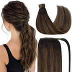 Ve Sunny Hair Extensions Ponytail Real Human Hair 80G Wrap Around Clip in Ponytail Hair Extensions Straight Extensions Human Hair for Women Dark Brown Balayage Chestnut Brown 14inch