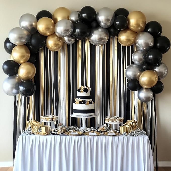6 Black Gold Streamers, 492ft Pack of Crepe Paper Party Decorations | Each roll - Image 2