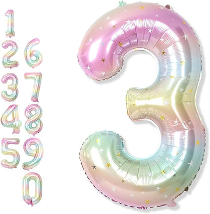 3rd Birthday Balloons for Girls, 40‘’ Foil Self Inflating Rainbow Stars Number by Froova