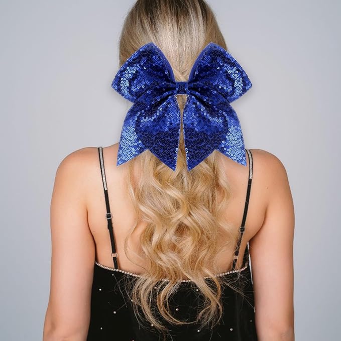 Large Glitter Cheer Bows Clips, Jumbo Big 7 Inch Cheerleading Sequin Hair Bow Hair Accessories for Teens Girls Football Sports Cheerleader Outfit Uniform (Royal Blue)