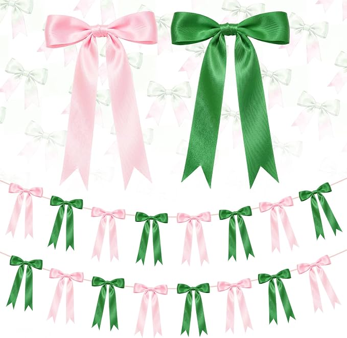 2 Strings Pink & Green Bow Garland Banner Decorations by HILAVO