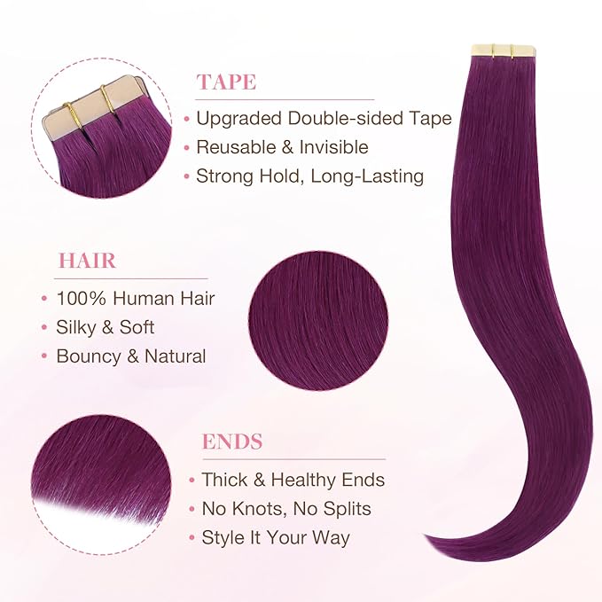 GOO GOO Tape in Hair Extensions Human Hair, Violet, 12inch 20g 10pcs, Colored Tape ins Human Hair Extensions, Silky&Soft Invisible Tape Ins, Hair Highlighted for Party