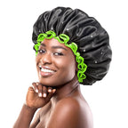 mikimini Extra Large Black Shower Caps Pack of 2 for Women and Men Thick Long Hair Braids, Reusable Waterproof Double Layers XL Bathing Hair Cap with Vibrant Green Edge (Black)