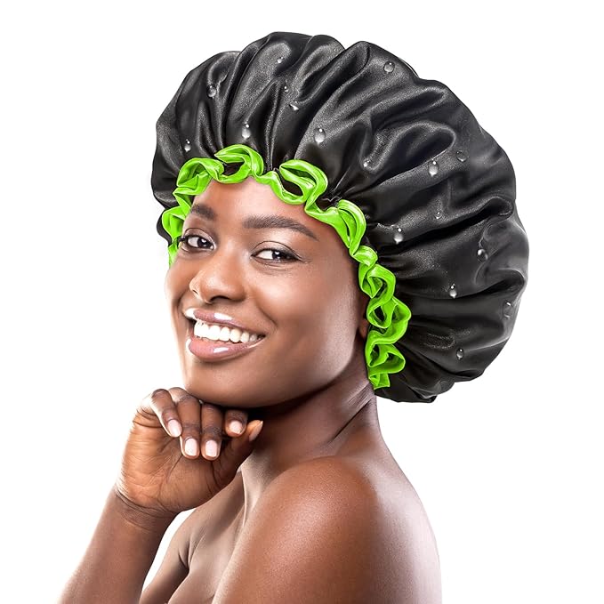 mikimini Extra Large Black Shower Caps Pack of 2 for Women and Men Thick Long Hair Braids, Reusable Waterproof Double Layers XL Bathing Hair Cap with Vibrant Green Edge (Black)