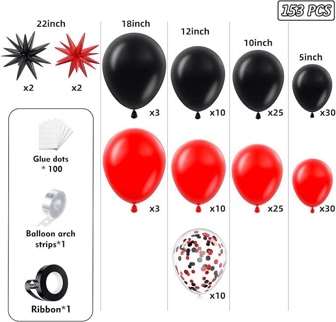 153Pcs Red and Black Balloons Garland Arch Kit - Image 2