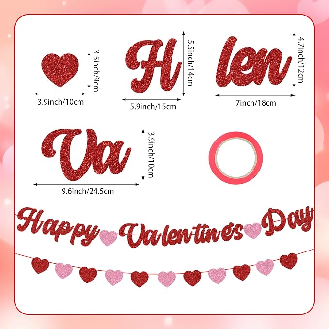 Happy Valentines Day Banner Glitter Valentines Banner Red Pink Heart Garland - Image 2