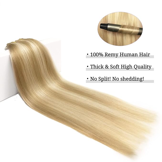 DOORES Clip in Human Hair Extensions, Dark Blonde Highlighted Bleach Blonde 150g 9pcs 20 Inch, Remy Hair Extensions Clip in Real Natural Hair Extensions Straight Thick